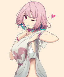 Rule 34 | 1girl, ahoge, blue hair, bra, bracelet, breasts, clothes lift, from side, heart, idolmaster, idolmaster cinderella girls, jewelry, large breasts, lifting own clothes, looking at viewer, midriff, mikoto akemi, multicolored hair, pink background, pink eyes, pink hair, shirt, shirt lift, short hair, short sleeves, simple background, solo, t-shirt, two-tone hair, underwear, upper body, white bra, white shirt, yumemi riamu