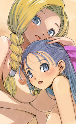 Rule 34 | 2girls, absurdres, bianca (dq5), blonde hair, blue eyes, blue hair, bow, braid, breast hold, breasts, closed mouth, completely nude, d:, dragon quest, dragon quest v, earrings, eyelashes, fingernails, flora (dq5), frown, hair bow, hair intakes, hair slicked back, hand on another&#039;s head, highres, jewelry, large breasts, light blue hair, long hair, multiple girls, muramasa mikado, nipples, nude, open mouth, pink bow, single braid