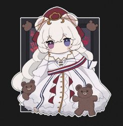 Rule 34 | 1girl, animal ears, arknights, bare shoulders, bear ears, black background, blue eyes, blush stickers, chibi, detached collar, dress, elbow gloves, full body, gloves, hair between eyes, handprint, heterochromia, highres, long hair, looking at viewer, official alternate costume, purple eyes, rosa (arknights), rosa (masterpiece) (arknights), short eyebrows, solo, someyaya, strapless, strapless dress, stuffed animal, stuffed toy, teddy bear, thick eyebrows, very long hair, white dress, white gloves, white hair