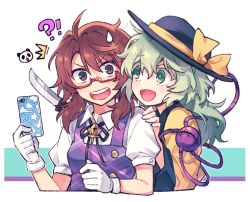 Rule 34 | !?, 2girls, ahoge, black headwear, blouse, bow, breasts, brown eyes, brown hair, collar, collared shirt, commentary request, eyeball, frilled collar, frilled sleeves, frills, gloves, green eyes, green hair, hand on another&#039;s shoulder, hat, hat bow, hat ribbon, holding, holding knife, holding phone, knife, komeiji koishi, looking at viewer, low twintails, medium hair, multiple girls, open mouth, phone, puffy short sleeves, puffy sleeves, purple vest, re ghotion, ribbon, shirt, short hair, short sleeves, small breasts, surprised, sweatdrop, teeth, third eye, touhou, twintails, upper teeth only, usami sumireko, v-shaped eyebrows, vest, wavy hair, white background, white gloves, white shirt, wide sleeves, yellow bow, yellow ribbon, yellow shirt