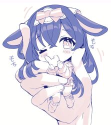 Rule 34 | 1girl, animal ears, ao no neko, blue theme, bow, chibi, eating, food, hair bow, hair flowing over, holding, holding food, in palm, limited palette, long hair, loose socks, mini person, minigirl, no shoes, original, rabbit ears, socks, solo focus, very long hair, white background