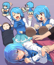 Rule 34 | 1girl, 3boys, ;), baby, baby bottle, baby carry, barefoot, blanket, blue eyes, blue hair, blue skirt, blue vest, bottle, breasts, carrying, closed mouth, covering privates, diaper, drooling, feeding, flying sweatdrops, gradient background, heterochromia, highres, holding hands, juliet sleeves, long sleeves, lying, medium breasts, miniskirt, multiple boys, multiple views, on back, on side, one eye closed, open mouth, puffy sleeves, purple background, red eyes, seiza, shirt, sitting, skirt, skirt set, smile, sweatdrop, tada no nasu, tatara kogasa, tongue, tongue out, touhou, vest, white shirt, zzz