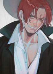 Rule 34 | 1boy, absurdres, black cape, cape, commentary, hat, highres, male focus, mygiorni, one piece, red hair, scar, scar across eye, scar on face, shanks (one piece), shirt, short hair, simple background, smile, solo, straw hat, teeth, white shirt
