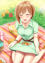 Rule 34 | 1girl, :d, ^ ^, aiba yumi, bangle, bare legs, basket, belt buckle, blush, bracelet, breasts, brown hair, buckle, cleavage, closed eyes, collarbone, cookie, day, dress, facing viewer, floral print, flower, food, grass, green dress, happy, idolmaster, idolmaster cinderella girls, jewelry, medium breasts, necklace, no shoes, oga raito, open mouth, outdoors, pendant, petals, pillow, plate, short hair, short sleeves, sitting, skirt basket, smile, socks, solo, star (symbol), star necklace, thermos, wariza, yellow socks