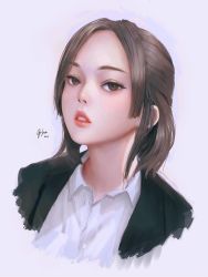 Rule 34 | 1girl, 2017, artist name, brown hair, buttons, collared shirt, commentary, forehead, geo siador, highres, lips, looking at viewer, nose, original, parted bangs, parted lips, pink lips, shirt, signature, solo, white shirt, wing collar