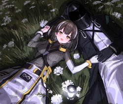 Rule 34 | 1girl, 1other, arknights, bird mask, black coat, black gloves, blush, breasts, brown hair, clothes around waist, coat, commentary, covered face, cowboy shot, doctor (arknights), earrings, flower, from above, gloves, grass, grey sweater, happy, highres, holding hands, hood, hood up, hooded coat, jewelry, charm (object), lantern, long sleeves, looking at viewer, lying, magallan (arknights), magallan (elite ii) (arknights), mask, mask around neck, medium breasts, multicolored hair, night, on back, open mouth, outdoors, rhine lab logo, ribbed sweater, short hair, sigm@, silver hair, single earring, single glove, smile, strap, streaked hair, sweater, symbol-only commentary, emperor (arknights), turtleneck, turtleneck sweater, two-tone hair, white gloves, wristband, yellow eyes