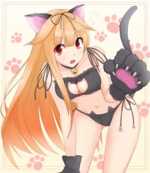 Rule 34 | 10s, 1girl, :o, alternate costume, animal ears, animal hands, bad id, bad pixiv id, beige background, bell, beniyuki pangya, black panties, black ribbon, blonde hair, blush, border, breasts, cat cutout, cat ear panties, cat ears, cat lingerie, cat tail, choker, cleavage cutout, clothing cutout, collarbone, eyebrows, fang, frills, gloves, gluteal fold, hair flaps, hair ornament, hair ribbon, hairclip, heart, jingle bell, kantai collection, leaning forward, long hair, looking to the side, medium breasts, meme attire, navel, neck bell, open mouth, panties, paw gloves, paw print, red eyes, ribbon, side-tie panties, solo, stomach, tail, underwear, underwear only, very long hair, yellow background, yuudachi (kancolle), yuudachi kai ni (kancolle)