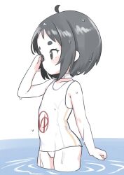 Rule 34 | 1girl, ahoge, black hair, brown eyes, choker, clothes writing, flat chest, goggles, kantai collection, maru-yu (kancolle), nassukun, one-piece swimsuit, parted bangs, school swimsuit, short hair, simple background, solo, standing, swimsuit, thick eyebrows, wading, water, wet, wet clothes, wet swimsuit, white background, white choker, white one-piece swimsuit