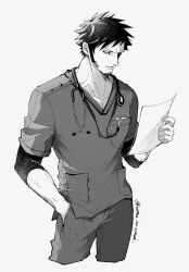 Rule 34 | 1boy, breast pocket, closed mouth, commentary request, cowboy shot, greyscale, hamu ha umai, hand in pocket, highres, holding, holding paper, lanyard, long sleeves, male focus, monochrome, one piece, paper, pocket, short hair, simple background, solo, stethoscope, trafalgar law, twitter username, white background