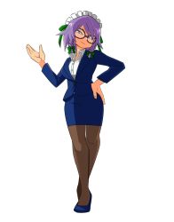 Rule 34 | 1girl, black-framed eyewear, black pantyhose, blazer, blue eyes, blue footwear, blue jacket, blue skirt, bow, braid, closed mouth, collared shirt, commentary request, cookie (touhou), dress shirt, glasses, green bow, green ribbon, grey hair, hair bow, hand on own hip, high heels, highres, izayoi sakuya, jacket, long sleeves, looking afar, looking at viewer, maid headdress, medium hair, office lady, pantyhose, pencil skirt, ribbon, ryuuga (cookie), scotch (cookie), shirt, simple background, skirt, solo, squinting, touhou, twin braids, white background