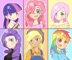 Rule 34 | 6+girls, animification, applejack, bad id, bad pixiv id, blonde hair, book, eyeshadow, fluttershy, freckles, green eyes, hat, hood, hoodie, makeup, moyori, multicolored hair, multiple girls, my little pony, my little pony: friendship is magic, off shoulder, one eye closed, overalls, personification, pink eyes, pink hair, pinkie pie, purple eyes, purple hair, rainbow dash, rainbow hair, rarity (my little pony), streaked hair, sweater vest, twilight sparkle, wink