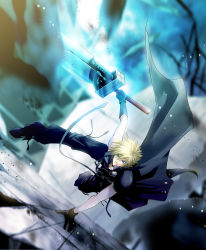 Rule 34 | 00s, 1990s (style), 1boy, armor, blonde hair, cloud strife, epic, final fantasy, final fantasy vii, final fantasy vii advent children, gloves, highres, huge weapon, male focus, pauldrons, persia (blue-sky), short hair, shoulder armor, solo, spiked hair, sword, weapon