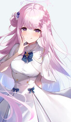 Rule 34 | 1girl, angel wings, blue archive, blush, breasts, capelet, closed mouth, dress, feathered wings, flower, gradient background, hair bun, hair flower, hair ornament, halo, highres, kisaragi yuri, long hair, looking at viewer, medium breasts, mika (blue archive), pink hair, pink halo, purple flower, single side bun, smile, solo, tongue, tongue out, white capelet, white dress, white wings, wings, yellow eyes