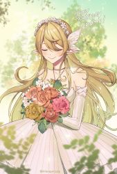 Rule 34 | 1girl, alternate costume, blonde hair, bouquet, butterfly hair ornament, butterfly necklace, closed mouth, dress, earrings, elbow gloves, closed eyes, flower, gloves, hair ornament, happy birthday, head wreath, highres, holding, holding bouquet, jewelry, kaohom503, long hair, nature, necklace, nijisanji, nijisanji en, off-shoulder dress, off shoulder, outdoors, pointy ears, pomu rainpuff, smile, solo, tree, twitter username, virtual youtuber, white dress