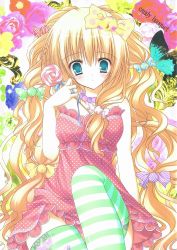 Rule 34 | absurdres, blonde hair, blue eyes, candy, dress, flower, food, food-themed clothes, highres, lollipop, long hair, natsuki coco, polka dot, solo, striped clothes, striped thighhighs, swirl lollipop, thighhighs