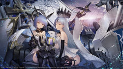 Rule 34 | 2girls, armored boots, armpit crease, ass, azur lane, bare shoulders, black gloves, blue hair, blunt bangs, bob cut, boots, box, breasts, champagne (azur lane), choker, closed eyes, closed mouth, collarbone, commentary request, cross, cross-shaped pupils, dress, elbow gloves, evening, flag, gascogne (azur lane), gauntlets, gift, gift box, gloves, halo, head tilt, highres, holding, holding gift, holding staff, leaning forward, light blue hair, light smile, long hair, looking at viewer, mechanical halo, medium breasts, multicolored hair, multiple girls, nakamura eight, ocean, official art, outdoors, rigging, short hair, sideboob, small breasts, spaghetti strap, staff, streaked hair, sun, symbol-shaped pupils, thighs, tiara, very long hair, vichya dominion (emblem), water, white dress, yellow eyes