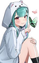 Rule 34 | 1girl, absurdres, animal hood, black socks, blue skirt, blunt bangs, blush, bug, butterfly, butterfly on hand, closed mouth, colored inner hair, commentary, green butterfly, green hair, hair ornament, highres, hololive, hood, hood up, hooded jacket, insect, jacket, knees up, long hair, long sleeves, looking at viewer, multicolored hair, open clothes, purple hair, red butterfly, red eyes, school uniform, sitting, skirt, smile, socks, solo, tate yukimi, uruha rushia, uruha rushia (school uniform), virtual youtuber, white jacket