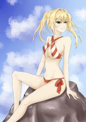 Rule 34 | 1girl, absurdres, ahoge, arm support, bikini, blonde hair, blue sky, breasts, cleavage, cloud, fate/grand order, fate (series), female focus, green eyes, groin, hair intakes, highres, long hair, looking to the side, medium breasts, nero claudius (fate), nero claudius (fate) (all), nero claudius (fate/extra), nero claudius (swimsuit caster) (fate), rock, side-tie bikini bottom, sky, smile, solo, striped bikini, striped clothes, swimsuit, takehara haru, thighs, twintails