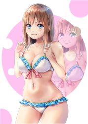 Rule 34 | 1girl, amagami rukichi, bikini, blue hair, breasts, brown eyes, cleavage, commentary request, cowboy shot, frilled bikini, frills, highres, looking at viewer, medium breasts, navel, original, short hair, solo, standing, swimsuit, white background, white bikini, zoom layer