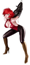 Rule 34 | 1girl, armbinder, bdsm, bondage, boots, bound, breasts, cleavage, cutie honey, cutie honey (character), high heel boots, high heels, highres, kisaragi honey, large breasts, leather, magical girl, python (snake legs), red hair, shoes, short hair, simple background, solo, stiletto boots, stiletto heels, strappado, toei animation, white background