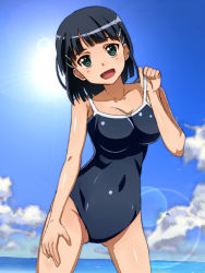 Rule 34 | 10s, 1girl, :d, beach, black hair, blunt bangs, blunt ends, breasts, cleavage, competition school swimsuit, cowboy shot, day, female focus, gluteal fold, green eyes, hair ornament, hairclip, hand on thigh, horizon, kirigaya suguha, large breasts, legs apart, lens flare, li@ (rikku04), looking at viewer, nature, one-piece swimsuit, open mouth, outdoors, school swimsuit, short hair, smile, solo, standing, strap lift, swimsuit, sword art online, thighs, water