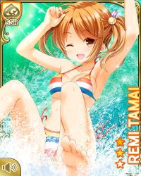 Rule 34 | 1girl, :d, bikini, brown eyes, brown hair, card (medium), day, facing viewer, girlfriend (kari), green background, happy, looking at viewer, low twintails, official art, one eye closed, open mouth, outdoors, qp:flapper, red bikini, sliding, smile, solo, swimsuit, tagme, tamai remi, twintails, water park, water slide, waterpark