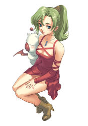 Rule 34 | 1girl, blue eyes, blush, breasts, cleavage, closed mouth, commentary request, dress, earrings, elbow gloves, final fantasy, final fantasy vi, gloves, green hair, jewelry, looking at viewer, medium hair, mog, necklace, ponytail, simple background, smile, tina branford, white background, yuccoshi