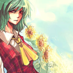 Rule 34 | 1girl, ascot, blue sky, breasts, collared shirt, day, expressionless, flower, garden of the sun, green hair, kazami yuuka, long sleeves, looking at viewer, lowres, parted lips, plaid, plaid vest, red eyes, red vest, semicolon, shirt, short hair, sky, solo, sunflower, touhou, upper body, vest, white shirt