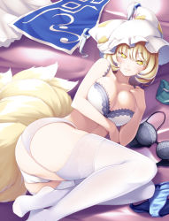 Rule 34 | 1girl, animal hat, black bra, blonde hair, bra, breasts, cleavage, commission, foot out of frame, fox tail, garter belt, garter straps, hat, kitsune, kyuubi, large breasts, lingerie, looking at viewer, midorino eni, mob cap, multiple tails, panties, mob cap, skeb commission, smile, solo, tabard, tail, thighhighs, touhou, underwear, underwear only, white bra, yakumo ran, yellow eyes