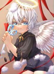 Rule 34 | 1boy, angel, angel wings, black shirt, black shorts, blue eyes, blush, brown background, child, closed mouth, feathered wings, grey background, halo, holding, holding scissors, looking at viewer, male focus, multicolored background, original, red ribbon, ribbon, scissors, shirt, short hair, shorts, toron 0812, white hair, wings