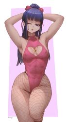 Rule 34 | 1girl, armpits, arms behind head, arms up, artist name, bare arms, bare shoulders, blue hair, breasts, breasts apart, cleavage cutout, clothing cutout, collarbone, covered erect nipples, dark blue hair, fishnet pantyhose, fishnets, genderswap, genderswap (mtf), hair ribbon, halterneck, highleg, highleg leotard, highres, kikunojo (one piece), leotard, lips, long hair, noaqin, one eye closed, one piece, pantyhose, pink background, pink leotard, purple eyes, red ribbon, ribbon, skull charm, small breasts, solo, standing, standing on one leg, two-tone background, tying hair, white background, wide hips