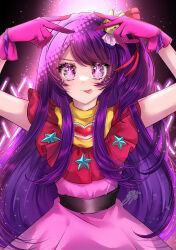 Rule 34 | 1girl, absurdres, arms up, belt, closed mouth, commentary, dress, floating hair, gloves, glowstick, hair ornament, heart, highres, hoshino ai&#039;s pose, hoshino ai (oshi no ko), light particles, long hair, looking at viewer, oshi no ko, penlight (glowstick), pink dress, pink gloves, purple eyes, purple hair, rabbit hair ornament, sidelocks, sleeveless, sleeveless dress, smile, solo, stage lights, star (symbol), star in eye, stippling (texture), symbol in eye, tongue, tongue out, upper body, very long hair, yuzuca (trickster4594)