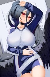 Rule 34 | 1girl, absurdres, bench, black feathers, black hair, black wings, blue archive, bluerabbit gap, breasts, choker, collarbone, commentary request, feathered wings, feathers, from above, gym shirt, gym shorts, gym uniform, hair between eyes, hasumi (blue archive), hasumi (track) (blue archive), head tilt, highres, jacket, large breasts, long hair, long sleeves, looking at viewer, lying, official alternate costume, on back, parted lips, ponytail, red eyes, shirt, short shorts, shorts, sidelocks, solo, track jacket, wings