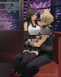 Rule 34 | 1boy, 1girl, arm around shoulder, armor, bare shoulders, black gloves, black hair, black skirt, black thighhighs, blonde hair, boots, breasts, cloud strife, collarbone, couple, crop top, elbow gloves, feet out of frame, final fantasy, final fantasy vii, final fantasy vii rebirth, final fantasy vii remake, fingerless gloves, fireworks, gloves, gondola, hand on another&#039;s hip, highres, large breasts, long hair, looking at another, midriff, navel, night, night sky, parted lips, pudelmudel, red eyes, red footwear, shoulder armor, single sidelock, sitting, sitting on lap, sitting on person, skirt, sky, sleeveless, sleeveless turtleneck, smile, spiked hair, suspender skirt, suspenders, sweater, swept bangs, tank top, thighhighs, tifa lockhart, turtleneck, turtleneck sweater, zettai ryouiki