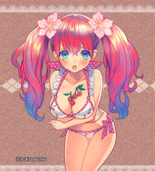 Rule 34 | 1girl, between breasts, bikini, blue eyes, blush, breasts, cherry, flower, food, fruit, fuji minako, hair flower, hair ornament, long hair, looking at viewer, open mouth, pink hair, solo, swimsuit, twintails, unmei no clan battle