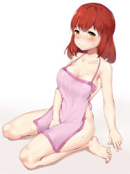 Rule 34 | 1girl, absurdres, apron, arm support, bad id, bad pixiv id, barefoot, breasts, cleavage, covering crotch, covering privates, embarrassed, false smile, feet, highres, looking at viewer, medium breasts, naked apron, original, pink apron, red hair, seiza, sideboob, simple background, sitting, smile, solo, spread toes, sweat, tears, three rice, toes, yellow eyes