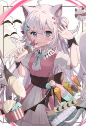 Rule 34 | 1girl, ahoge, animal ear fluff, animal ears, back bow, bird, black bow, black wrist cuffs, blush, border, bow, commentary, double bun, dress, food, food-themed hair ornament, goma (u p), green dress, green eyes, grey hair, hair bun, hair ornament, hairclip, hand up, heart, heart hair ornament, highres, holding, holding food, holding ice cream, ice cream, ice cream cone, ice cream hair ornament, long hair, looking at viewer, mint chocolate, multicolored clothes, multicolored dress, open mouth, original, oversized object, pink dress, pink ribbon, ribbon, short sleeves, simple background, smile, spoon, waving, white background, white dress, wrist cuffs