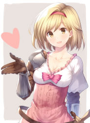 Rule 34 | 1girl, :d, armor, blonde hair, breasts, brown eyes, brown gloves, cleavage, collarbone, djeeta (granblue fantasy), gauntlets, gloves, granblue fantasy, grey background, hairband, heart, leyte, looking at viewer, medium breasts, open mouth, shirt, short hair, shoulder armor, smile, solo, strap, sword, upper body, weapon, white shirt