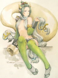 Rule 34 | 10s, 1girl, androgynous, fuujin (mythology), graphite (medium), green hair, green thighhighs, horns, painting (medium), pointy ears, seisen cerberus, short hair, solo, t.matsui, thighhighs, topknot, traditional media, watercolor (medium)