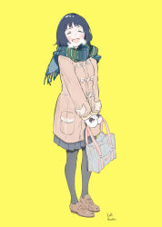 Rule 34 | 1girl, absurdres, bag, black hair, blush, breath, brown footwear, closed eyes, coat, grey pantyhose, highres, holding, holding bag, kawatsu yuuki, long sleeves, open mouth, original, pantyhose, pink coat, scarf, shoes, short hair, signature, simple background, solo, yellow background