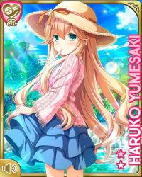 Rule 34 | 1girl, :o, alternate hairstyle, barefoot, blonde hair, blouse, blue dress, card (medium), character name, day, dress, finger to mouth, frilled dress, frills, girlfriend (kari), green eyes, hat, long hair, official art, open mouth, outdoors, pink shirt, qp:flapper, river, shirt, standing, straw hat, tagme, yumesaki haruko