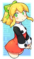 Rule 34 | 1girl, bachera, black shirt, blonde hair, blush stickers, commentary request, cowboy shot, cropped legs, dress, green eyes, green ribbon, hair ribbon, highres, interlocked fingers, long sleeves, mega man (series), parted lips, ponytail, red dress, ribbon, roll (mega man), shirt, sleeveless, sleeveless dress, sleeves past wrists, solo