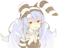 Rule 34 | 1girl, abara heiki, blue hair, commentary, cuffs, empty eyes, hat, hololive, long hair, long sleeves, multicolored hair, official alternate costume, own hands together, prison clothes, red eyes, shackles, shaded face, simple background, solo, striped clothes, striped headwear, two-tone hair, upper body, usada pekora, usada pekora (prisoner), virtual youtuber, white background, white hair