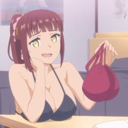 Rule 34 | 1girl, bed, bikini, bikini top only, black bikini, blunt bangs, bottomless, breast rest, breasts, breasts on table, cheer-chan (tawawa), cleavage, collarbone, getsuyoubi no tawawa, head rest, large breasts, looking at viewer, open mouth, ponytail, red bikini, red hair, screencap, sideboob, stitched, swimsuit, table, third-party edit, yellow eyes