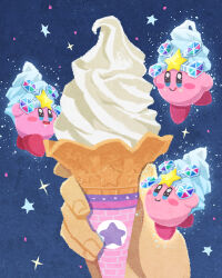 Rule 34 | 1other, :q, blue background, blue eyes, blush stickers, closed mouth, food, food focus, highres, holding, holding food, ice cream, ice kirby, kirby, kirby&#039;s return to dream land, kirby (series), miclot, nintendo, pink footwear, shoes, simple background, smile, snow bowl, soft serve, sparkle, tongue, tongue out