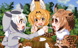 Rule 34 | 10s, 3girls, animal ears, blush, chair, commentary request, curry, day, eating, eurasian eagle owl (kemono friends), feeding, food, head wings, highres, kemono friends, multiple girls, nature, northern white-faced owl (kemono friends), open mouth, outdoors, plate, rice, serval (kemono friends), short hair, sitting, sky, smile, spoon, table, tree, wings, wooden table