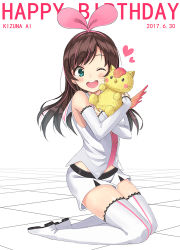 Rule 34 | 1girl, bare shoulders, boots, bow, brown hair, character name, clothes pull, commentary request, dated, detached sleeves, full body, green eyes, hairband, happy birthday, heart, holding, holding stuffed toy, kizuna ai, kizuna ai inc., kneeling, long hair, multicolored hair, one eye closed, open mouth, pink bow, pink hair, pink hairband, shiny skin, shirt, shitou (1992116210), shorts, shorts pull, sleeveless, sleeveless shirt, solo, stuffed animal, stuffed toy, thigh boots, thighhighs, two-tone hair, virtual youtuber, white thighhighs