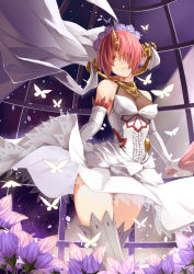 Rule 34 | 1girl, bellflower, blue eyes, bouquet, breasts, bug, butterfly, center frills, cleavage, clothes lift, cross print, dome, dress, dress lift, fate/apocrypha, fate/grand order, fate (series), flower, frankenstein&#039;s monster (fate), frills, glass, gloves, grey thighhighs, hair over eyes, head wreath, heterochromia, highres, horns, insect, jh, lace, long dress, night, night sky, petals, pink hair, purple flower, purple rose, rose, see-through, see-through cleavage, single horn, sky, sleeveless, sleeveless dress, solo, thigh gap, thighhighs, transparent, upskirt, veil, white dress, white gloves, wind, wind lift, yellow eyes