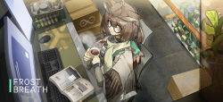 Rule 34 | 1girl, ahoge, arknights, blue flower, book, box, brown hair, brown jacket, cardboard box, chair, closed mouth, coffee cup, cup, desk, disposable cup, english text, feather hair, flower, from above, frown, glass wall, glasses, green scarf, green sweater, hands up, highres, hood, hooded jacket, id card, indoors, infection monitor (arknights), jacket, keyboard (computer), long sleeves, looking at viewer, monitor, mouse (computer), office chair, official alternate costume, open book, orange eyes, owl ears, plant, rhine lab logo, scarf, silence (arknights), silence (frosted breath) (arknights), sitting, solo, steam, sweater, swivel chair, test tube, tile floor, tiles, turtleneck, turtleneck sweater, yurooe
