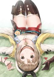 Rule 34 | 1girl, atelier (series), atelier ryza, atelier ryza 1, belt, blush, breasts, brown eyes, brown hair, cleavage, grass, hair ornament, hairclip, hat, highres, jewelry, looking at viewer, lying, necklace, on back, red shorts, reisalin stout, short shorts, shorts, smile, solo, star (symbol), thighhighs, thighs, yellow eyes
